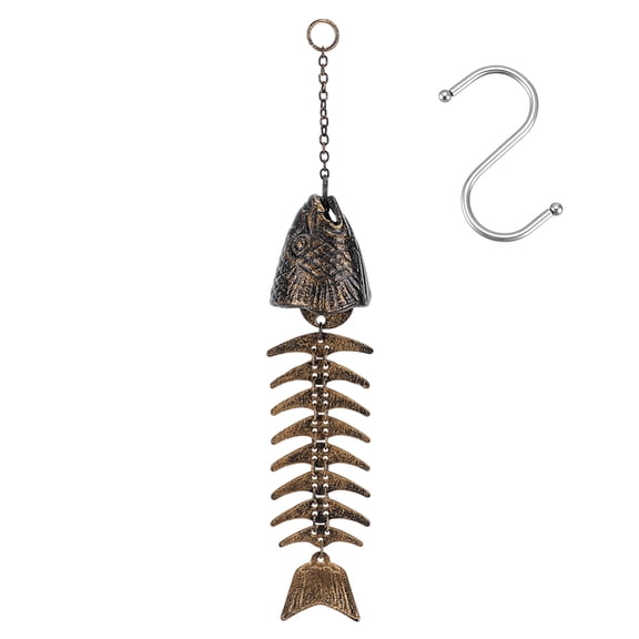 Fish Wind Chime 13" Fish Windchime Iron Fishbone Wind Chime Vintage Metal Windchime Door Hanging Bells for Home Garden Yard Decoration Gift Bronze