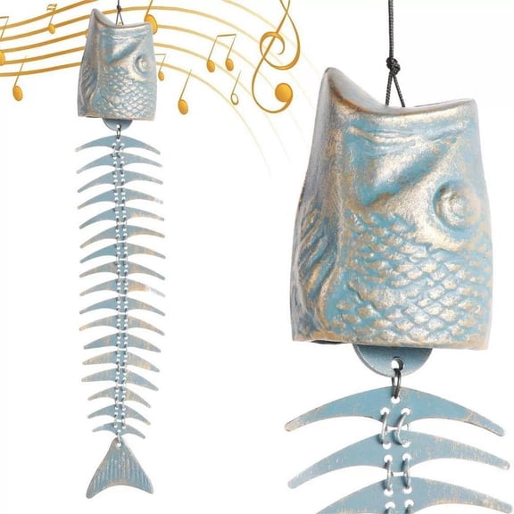 Fish Wind Chime Cast Iron Skeleton Metal Chimes for Porch Yard Garden Decor, Hanging