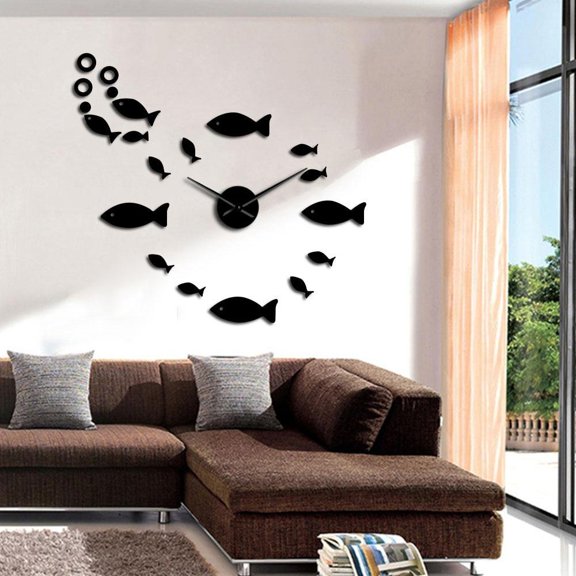 Fish With Bubble DIY Giant Wall Clocks Mirror Effect Wall Art Home Decor Aquarium Decoration Frameless Big Needle Clock Watch(Black,27inch)