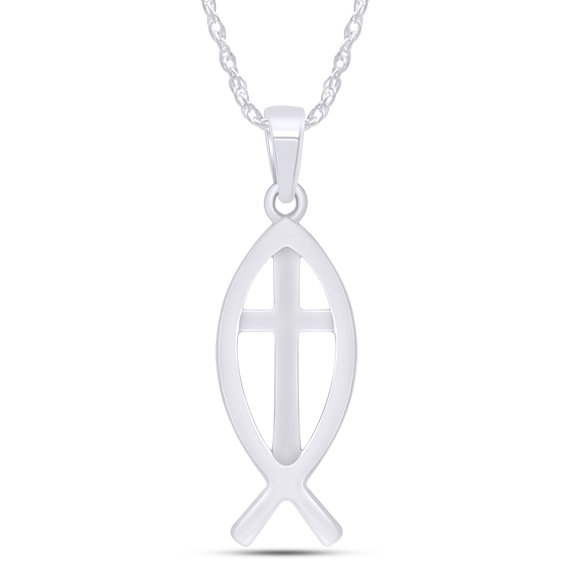Fish With Cross Womens Pendant Necklace in 14k White Gold Over Sterling Silver with 18" Chain
