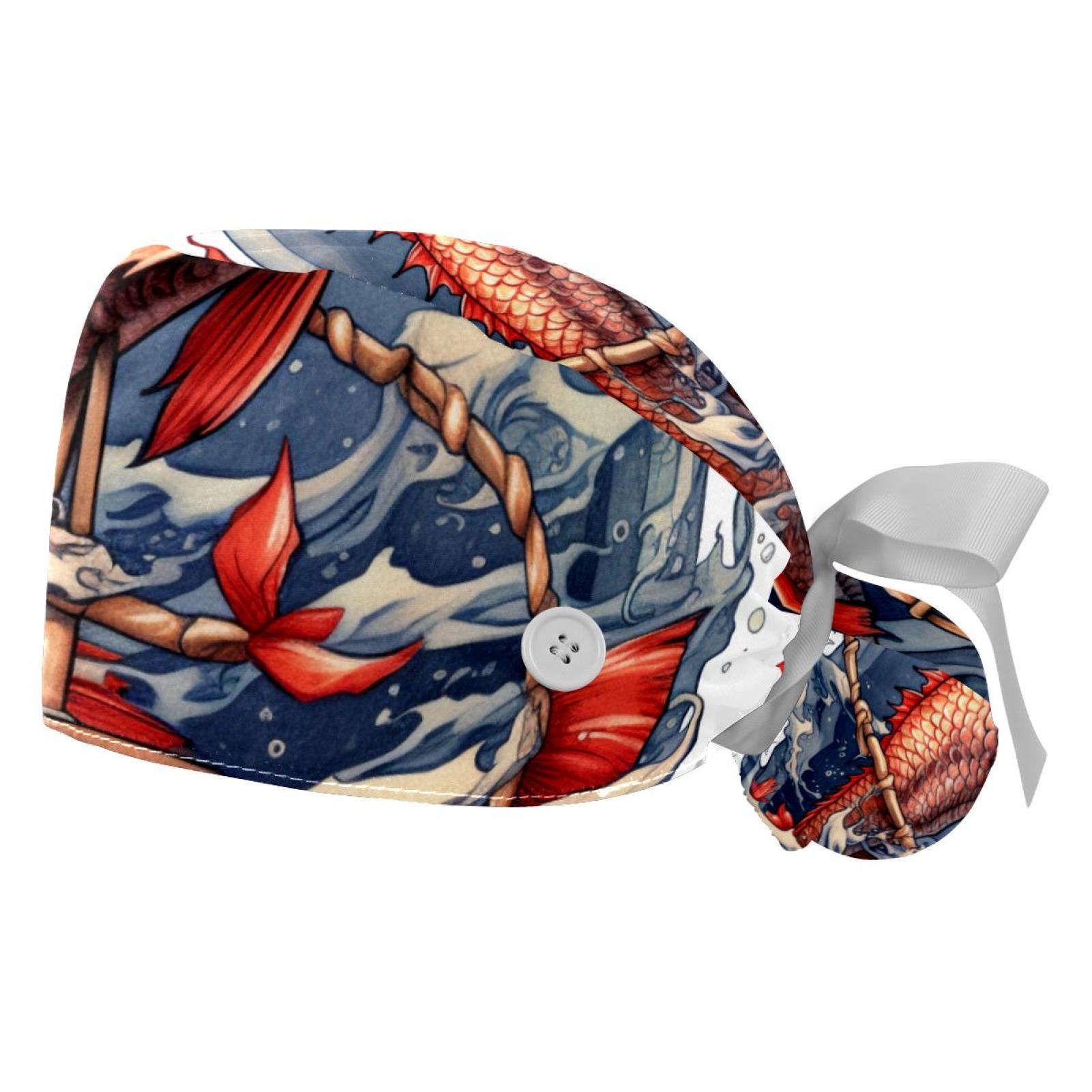Fish Working Cap with Button & Sweatband, 2 Packs Reusable Surgical