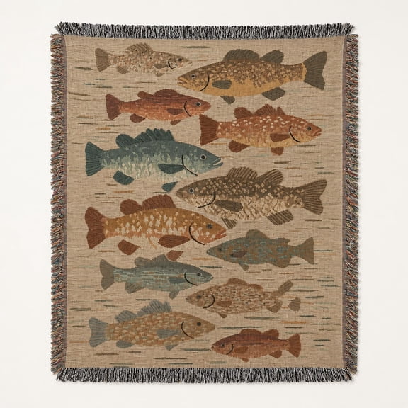 Fish Woven Cotton Throw Blanket, Rustic Cabin Lake House Decor, Fringed Nature Art Blanket Gift for Anglers