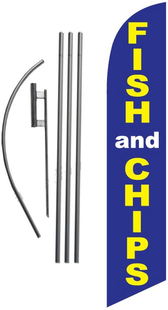 Fish and Chips 15ft Feather Banner Swooper Flag Kit - INCLUDES 15FT POLE KIT w/GROUND SPIKE