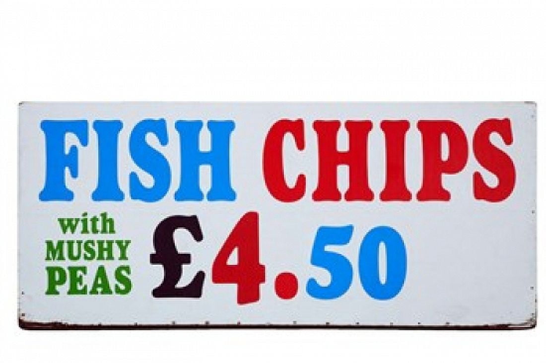 Fish and Chips with Mushy Peas sign England United Kingdom Canvas Art - David Wall DanitaDelimont (38 x 25)