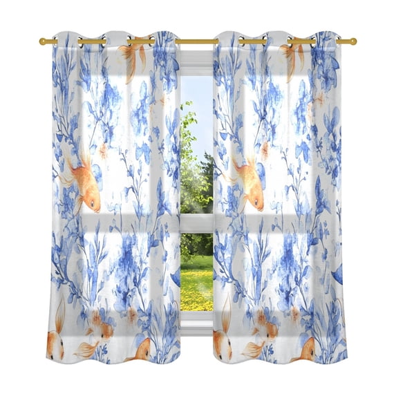 Fish and Coral Breathable Sheer Curtains 63x52in Soft Light Filtering, UV Protection and Thermal Insulation