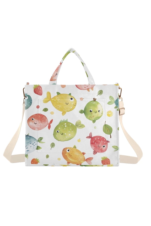 Fish and Fruit Corduroy Tote Bag Handbag Large Messenger Bag Shoulder Crossbody Zipper Bag Purse