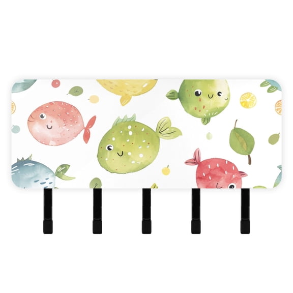 Fish and Fruit Mail Holder Organizer Wall Mount with Shelf Key Holder Key Rack with 5 Key Hooks for Wall Decorative