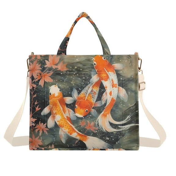Fish and Leaves Corduroy Tote Bag Handbag Large Messenger Bag Shoulder Crossbody Zipper Bag Purse