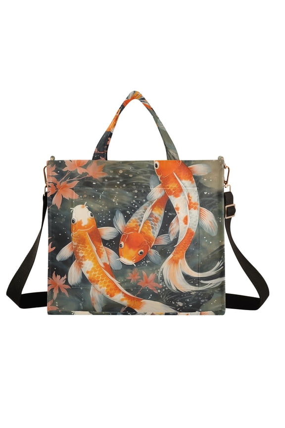 Fish and Leaves Corduroy Tote Bag Handbag Large Messenger Bag Shoulder Crossbody Zipper Bag Purse