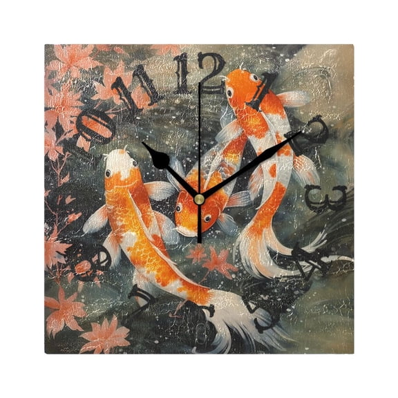 Fish and Leaves Wall Clock Square Silent Non Ticking Battery Operated Clock for Home Bathroom Kitchen Bedroom Living Room