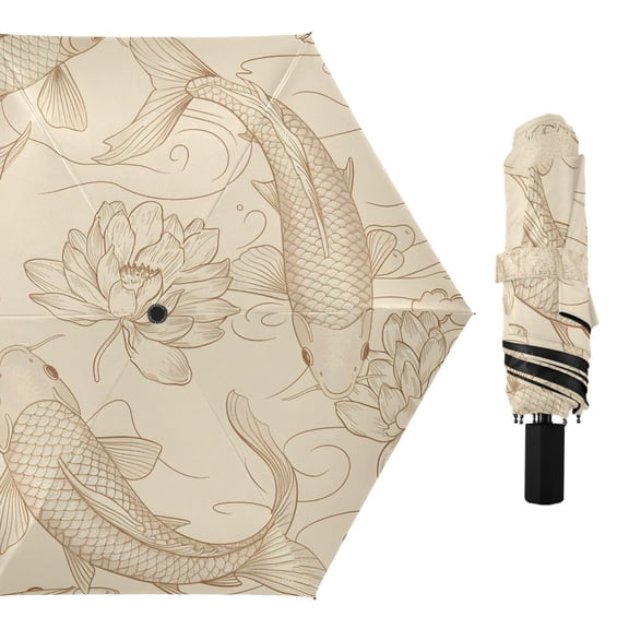 Fish and Lotus Flower Compact Sun Umbrella Windproof Travel Umbrellas for Rain Strong Portable UV Protection