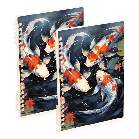 Fish and Lotus Leaves Ring Binder Notebook Journey Note Diary College Ruled Spiral Notebook Study Loose Leaf Paper A5 60 Pages