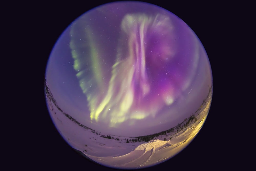 Fish-eye lens view of an aurora borealis in Churchill Manitoba Canada Canvas Art - Alan DyerStocktrek Images (34 x 23)