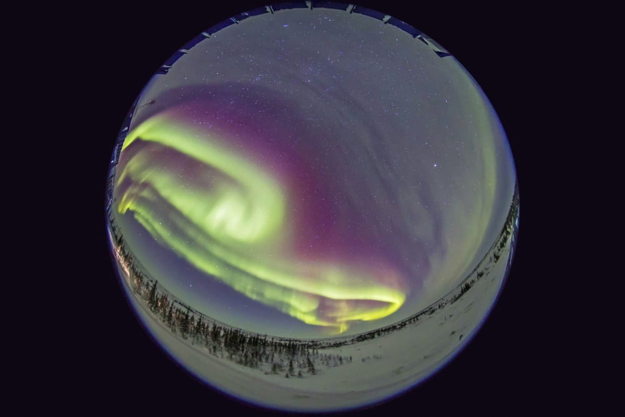 Fish-eye lens view of the northern lights in Churchill Manitoba Canada Canvas Art - Alan DyerStocktrek Images (18 x 12)