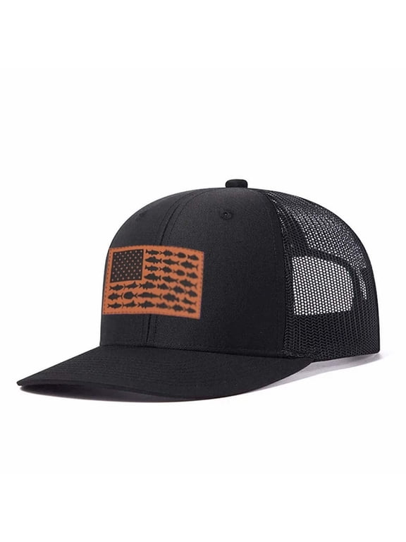 Fish flag patch with letter leather label pattern, suitable for travel and casual outfits, breathable outdoor baseball cap for men, adjustable