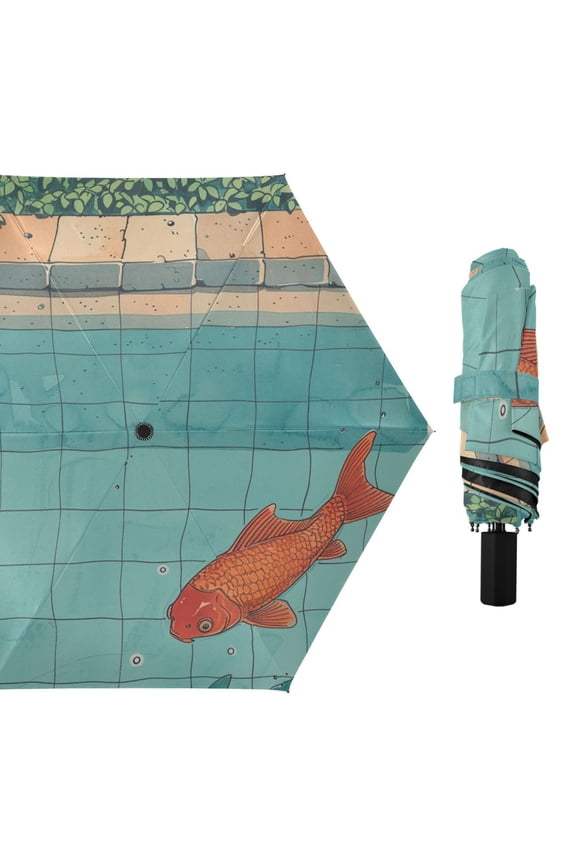 Fish in The Pool Green Leaves All Weather Umbrella Triple Folding Parasol 6 Ribs UV Protection Portable