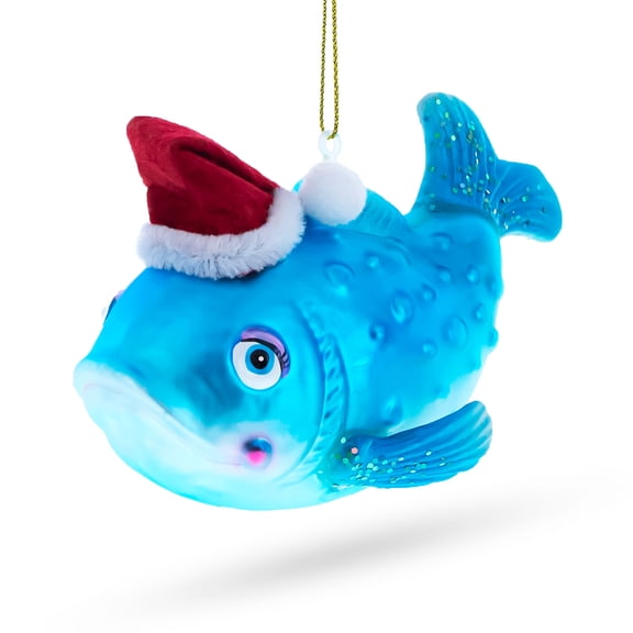Fish in the Santa Hat Glass Christmas Ornament