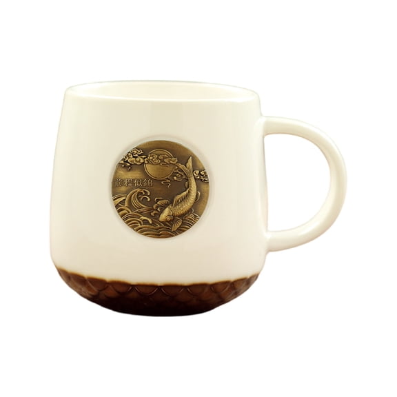 Fish-scale Ceramic Mugs and Coffee Cups, Unique Textured Design, Copper Rim Accent, Durable Porcelain Mug for Home, Cafe, and Office Use,White