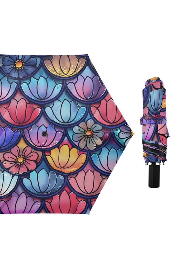 Fish-scale-shape Flowers All Weather Umbrella Triple Folding Parasol 6 Ribs UV Protection Portable
