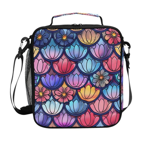 Fish-scale-shape Flowers Insulated Lunch Bag Reusable Lunch Box Lunch Container with Straps