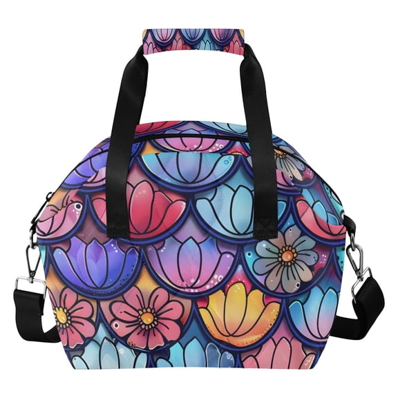 Fish-scale-shape Flowers Insulated Lunch Bag Reusable Quilted Lunch Box Waterproof Leakproof Lunch Container