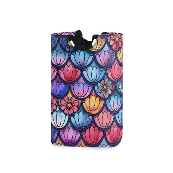 Fish-scale-shape Flowers Laundry Basket with Handles Foldable Laundry Hamper Freestanding Washing Bin 50L