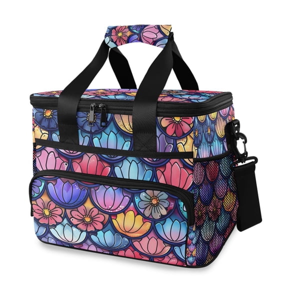 Fish-scale-shape Flowers Portable Cooler Lunch Box Reusable Insulated Lunch Bag Leakproof 15L