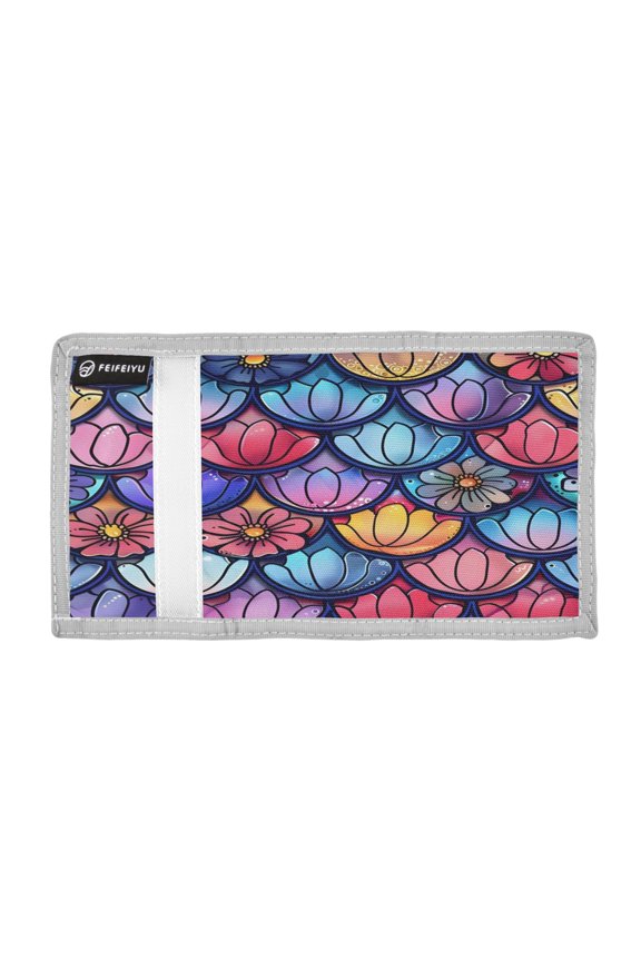 Fish-scale-shape Flowers Trifold Wallets Card Holders Coin Pockets with Lanyards Portable Unisex