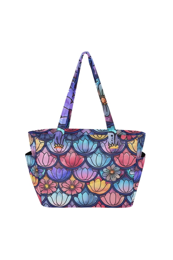 Fish-scale-shape Flowers Women's Quilted Tote HandBag Beach Bag Shoulder Bag with Luggage Strap 18L for Commute Gym Travel