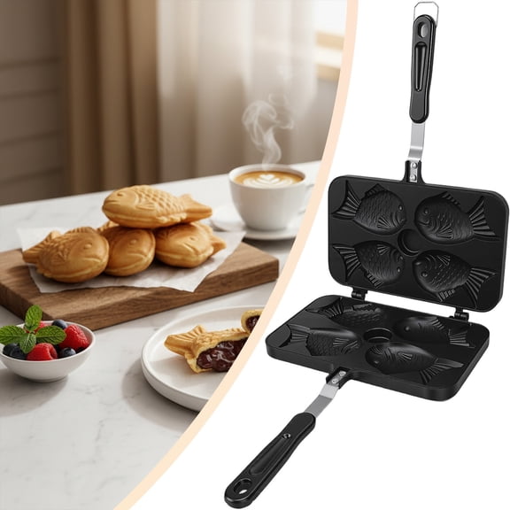 Fish-shaped Cake Pan, Non-stick Waffle Cake Maker with Long Handle, Pancake Baking Double Pan Mold