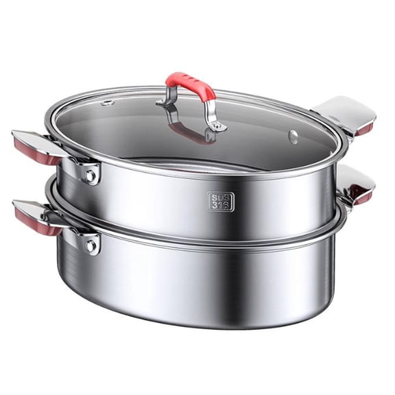 Fish steamer set made of stainless steel, oval stockpot with rack, 38 cm multifunctional cookware for steaming fish, seafood, vegetables