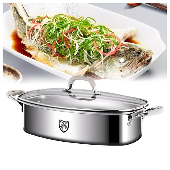 Fish steamer, stainless steel cookware, oval multi-purpose cookware with rack, ceramic pan, soup pot for induction cooker, stove