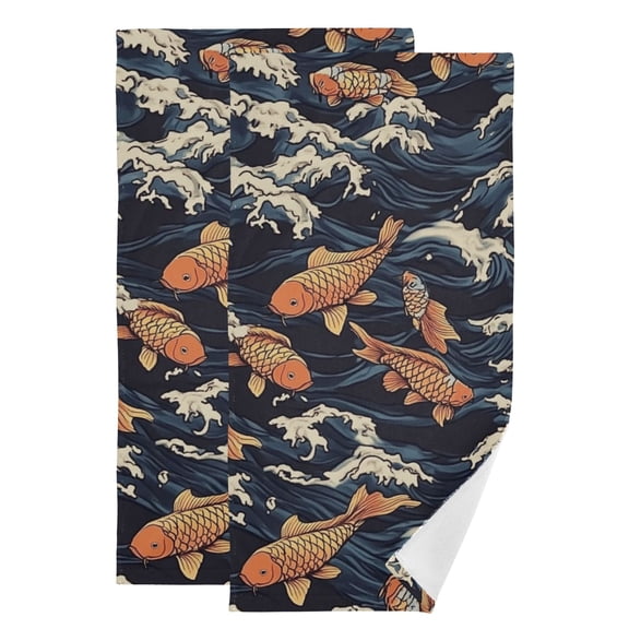 Fish with Deep Waves Hand Towel Absorbent Bath Towels for Bathroom Sports Gym(28.3" X 14.4") Set of 2