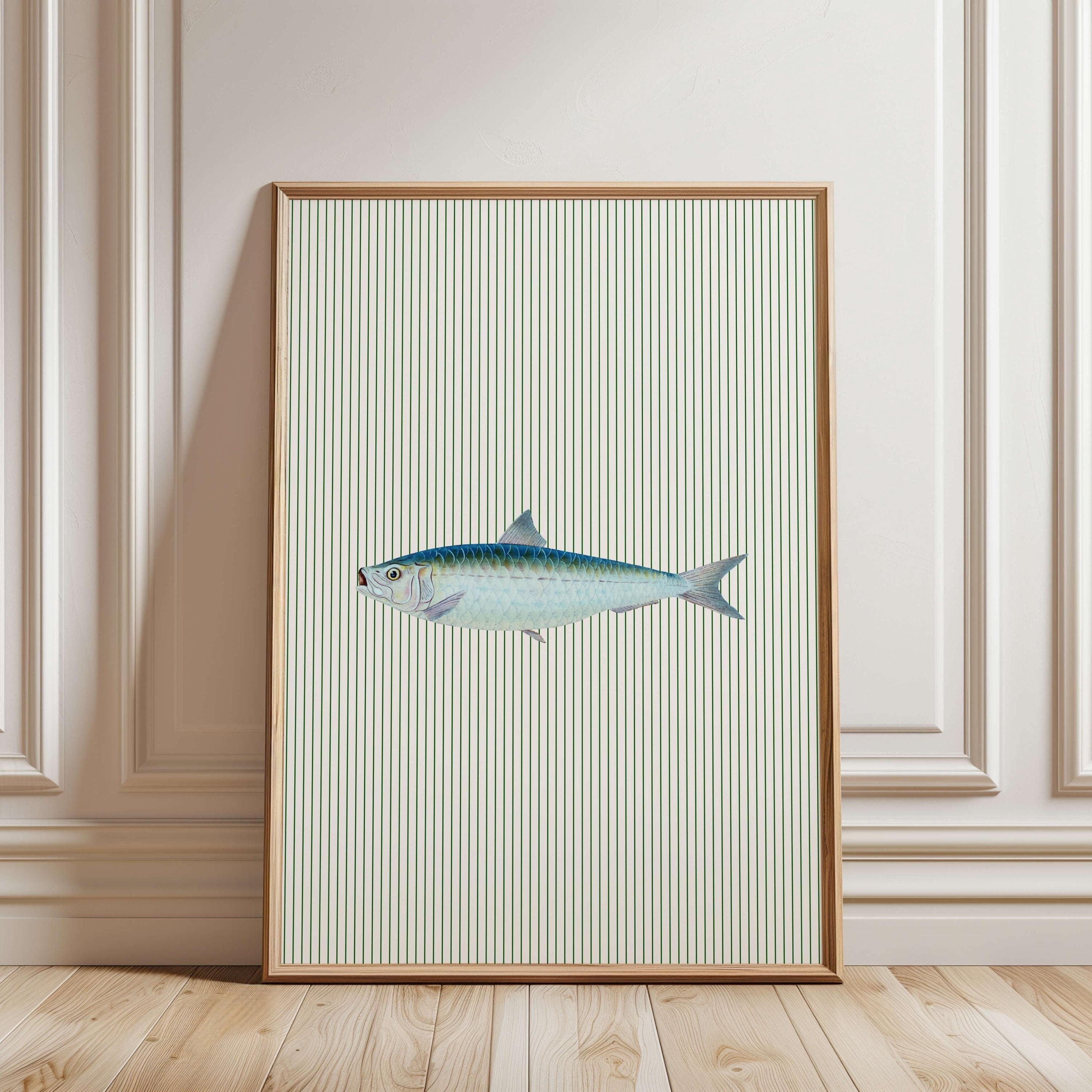 Fish with Green Stripes Print Sardine Kitchen Wall Art Vintage Food