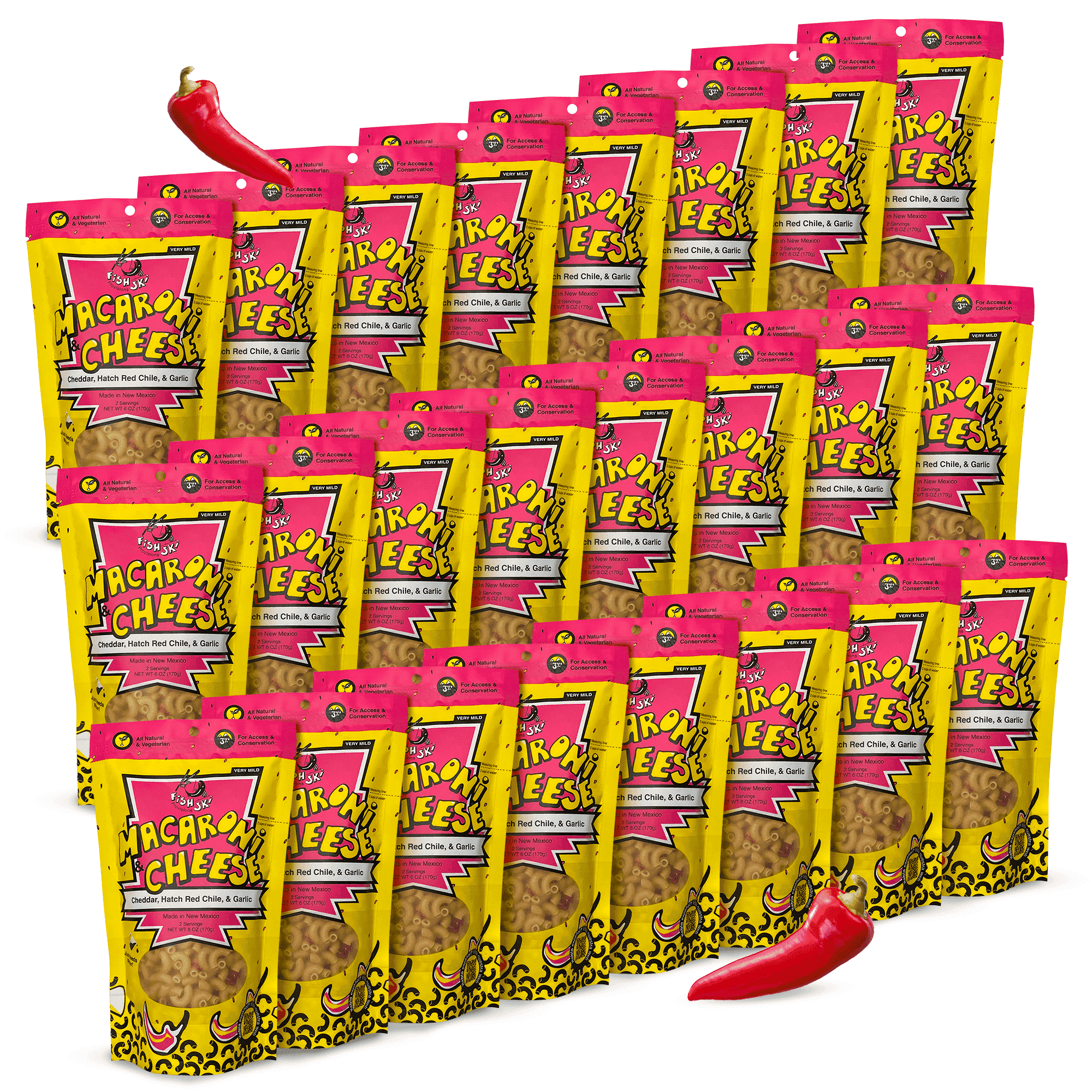 FishSki Provisions Macaroni and Cheese with Hatch Red Chile, Garlic Cheddar Cheese, 6 oz, 32 Packs