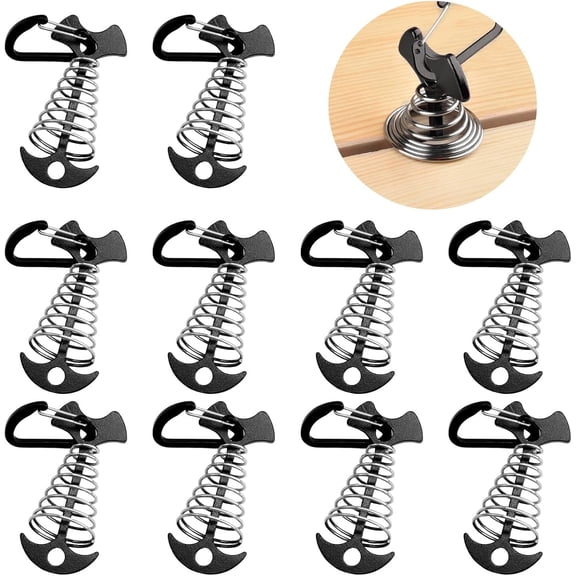 Fishbone Deck Anchor Pegs, 10 Pcs Black Deck Furniture Anchors, Deck peg with Spring Buckle, 2.9 Inch x 1.4 Inch Adjustable Anchor Deck pegs, Tent Decks Anchors for Camping Hiking Supplies