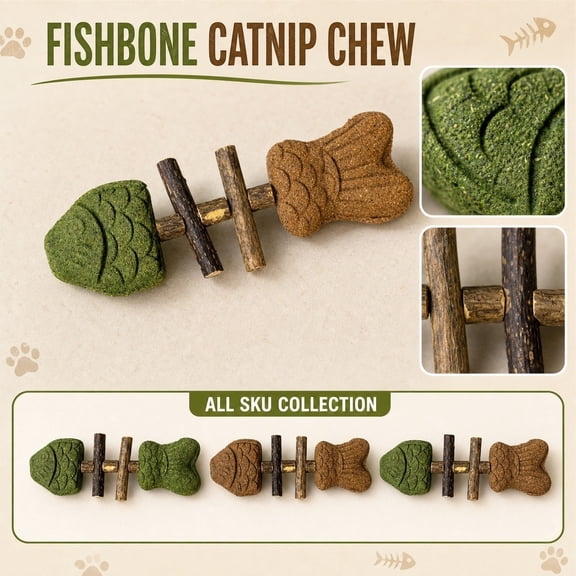 Fishbone Shaped Cat Chew Tool with Catnip & Silvervine, Natural Wood Dental Teeth Cleaning Stick, Interactive Oral Care Tool for Cats, Boredom Relief Chew Stick,1PC
