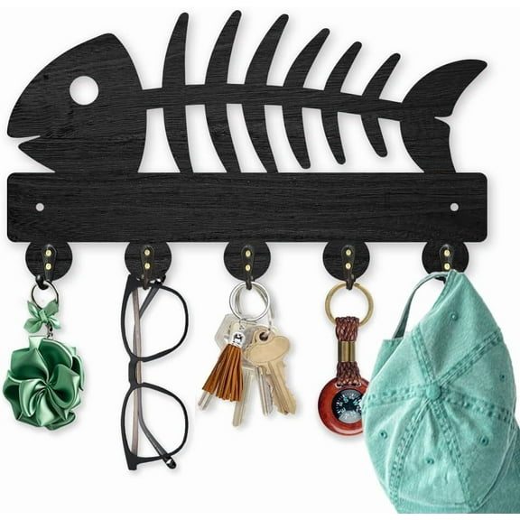 Fishbone Wood Key Holder for Wall Fish Key Hook Organizer 11.86.7 inches Wall Mounted Key Rack with 5 Alloy Hooks Nautical Animal Theme Hooks for Entryway Front Door Kitchen Decor