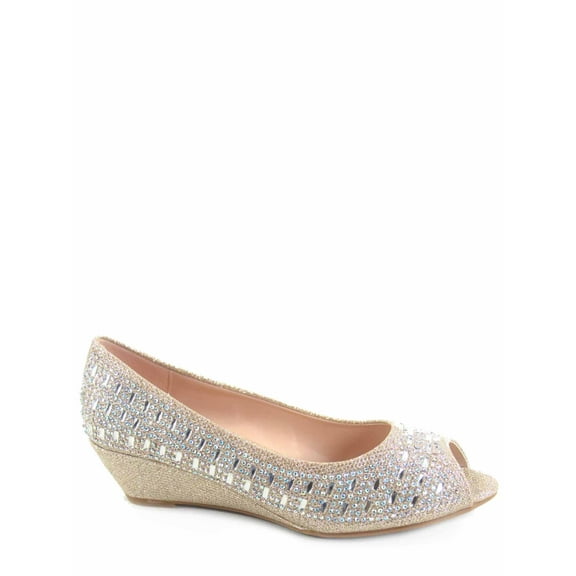 Fisher-1 Women's Slip On Glitter Rhinstone Open Toe Low Wedge Heel Pump Shoes