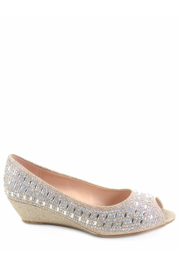 Fisher-1 Women's Slip On Glitter Rhinstone Open Toe Low Wedge Heel Pump Shoes