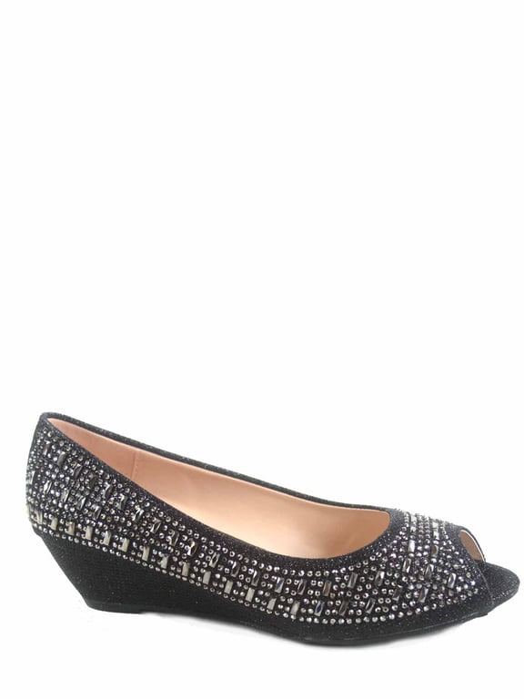 Fisher-1 Women's Slip On Glitter Rhinstone Open Toe Low Wedge Heel Pump Shoes