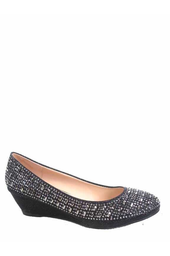Fisher-3 Women's Slip On Glitter Rhinstone Closed Toe Low Wedge Heel Pump Shoes