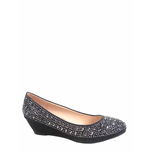 Fisher-3 Women's Slip On Glitter Rhinstone Closed Toe Low Wedge Heel Pump Shoes