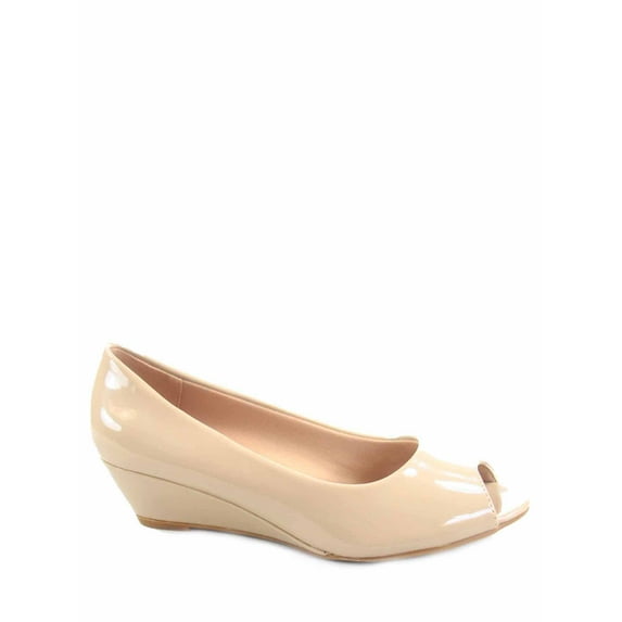 Forever Link; Women's Casual and Dress Shoes Open Peep Toe, Low Wedge Heel Pump Beige, 6.5