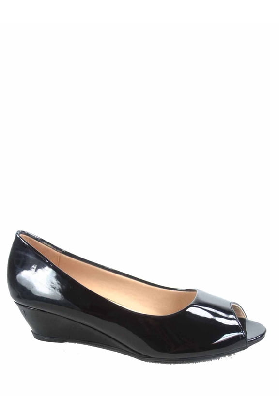 Fisher-7 Women's Slip On Patent Open Peep Toe Low Wedge Heel Pump Shoes ( Black. 7.5 )