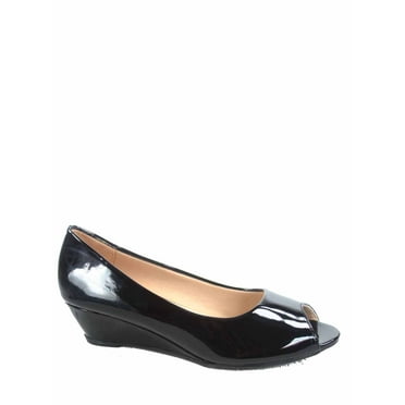 Fisher-7 Women's Slip On Patent Open Peep Toe Low Wedge Heel Pump Shoes ( Black. 8 )