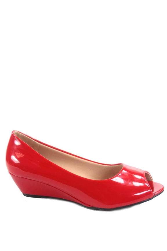 Fisher-7 Women's Slip On Patent Open Peep Toe Low Wedge Heel Pump Shoes (Red, 5.5)