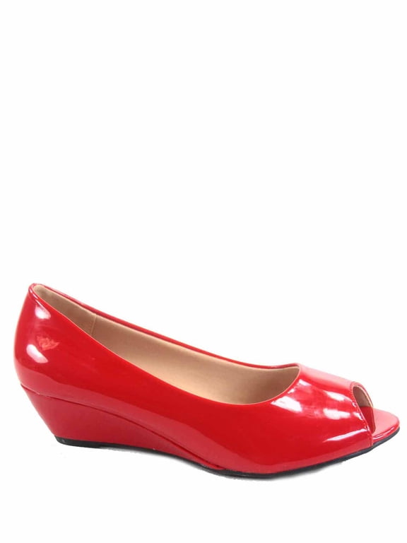 Fisher-7 Women's Slip On Patent Open Peep Toe Low Wedge Heel Pump Shoes (Red, 5.5)