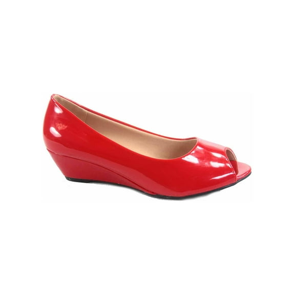 Fisher-7 Women's Slip On Patent Open Peep Toe Low Wedge Heel Pump Shoes ( Red, 7 )