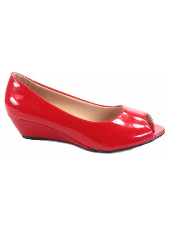 Fisher-7 Women's Slip On Patent Open Peep Toe Low Wedge Heel Pump Shoes ( Red, 7 )